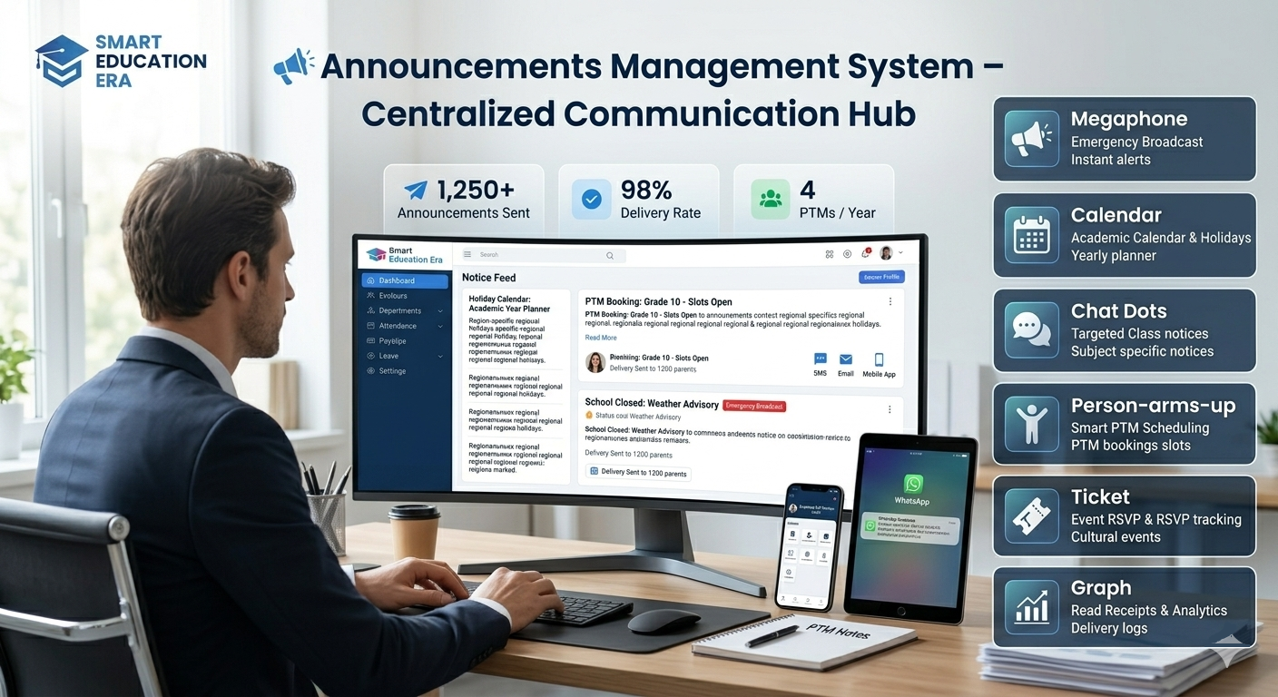Announcements Management Dashboard with calendar and notices