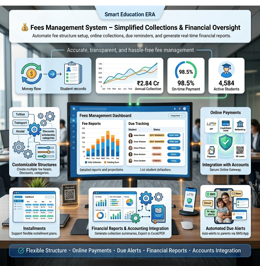 Fees Management Dashboard with collection charts and due lists