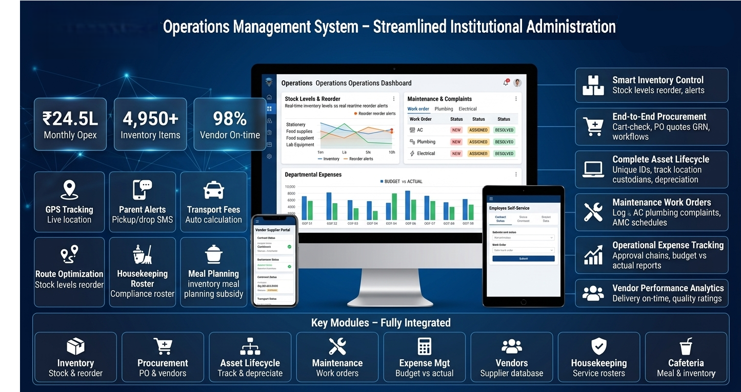 Operations Management Dashboard with inventory and expense charts