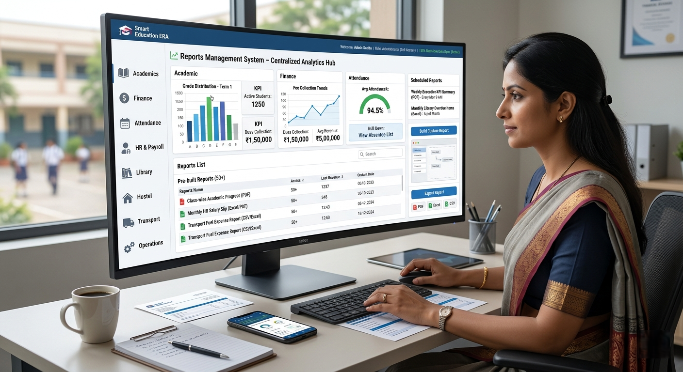 Reports Management Dashboard with charts and KPI widgets
