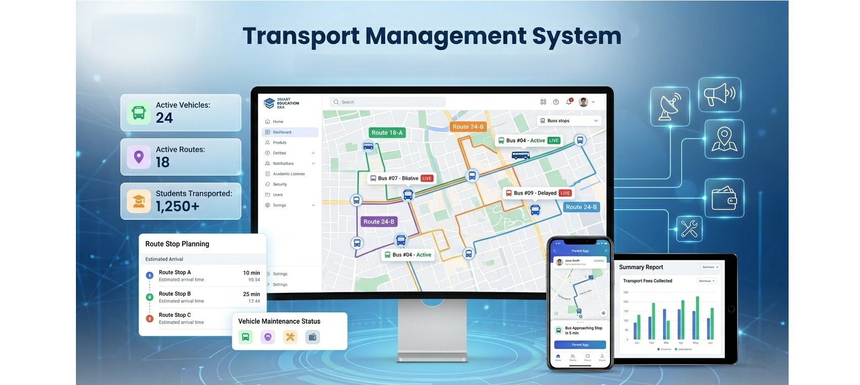 Transport Management Dashboard with route map and vehicle tracking